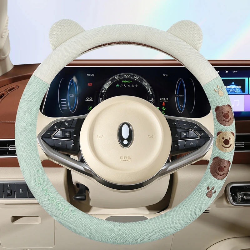 透气棉麻小熊方向盘套四季通用防滑透气不闷热【备注车型按车型发】