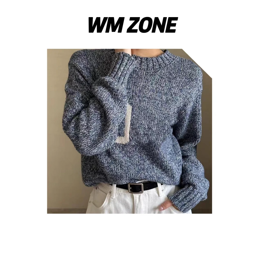 虎儿 3-2686 蓝白花纱编织圆领针织衫