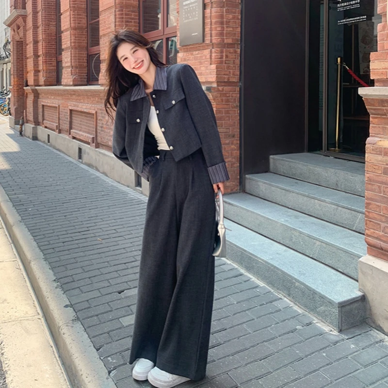 条纹拼接小香风短外套2025春季新款气质高级感韩系阔腿裤两件套装