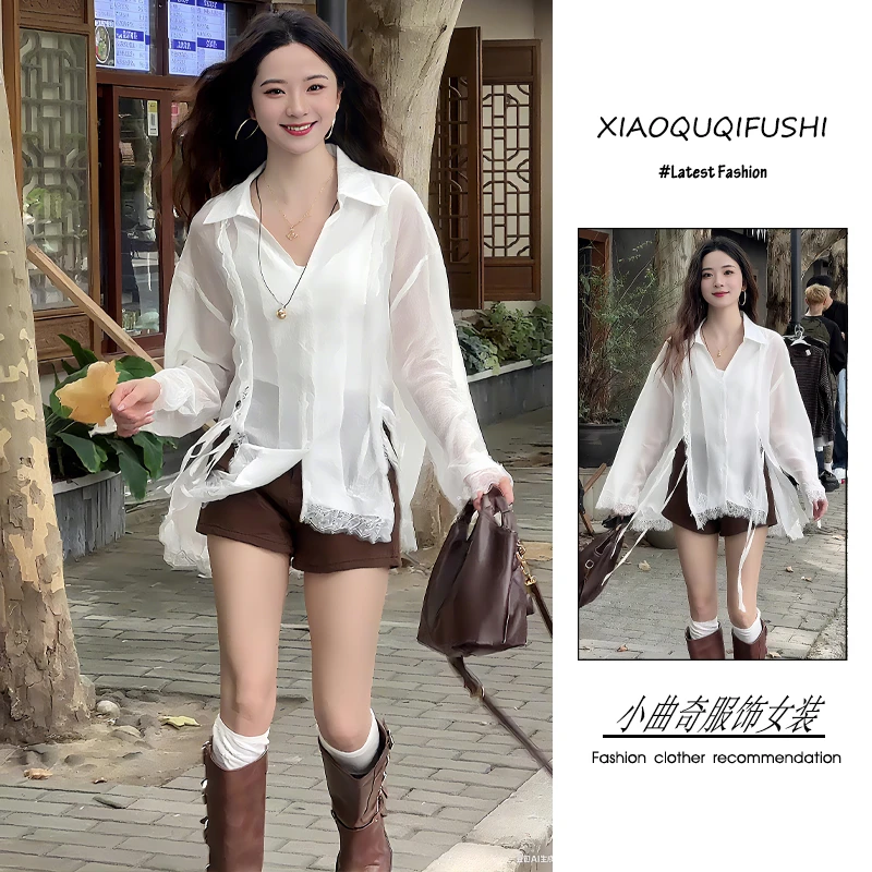 夏季流行穿搭一套新款2025韩版氛围感显瘦蕾丝拼接衬衫短裤两件套
