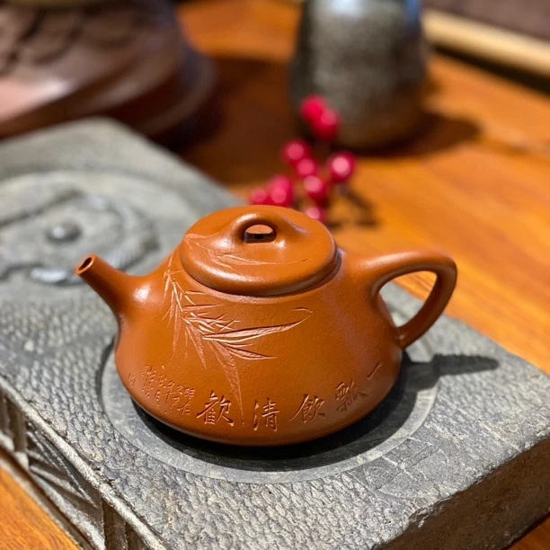 宜兴全手工紫砂壶原矿小煤窑朱泥子冶石瓢壶240cc刻绘竹叶纯手工