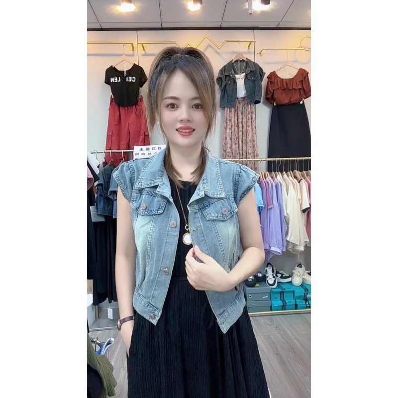 时尚洋气短袖牛仔衬衫女2025夏季新款无袖休闲马甲背心薄款小外套