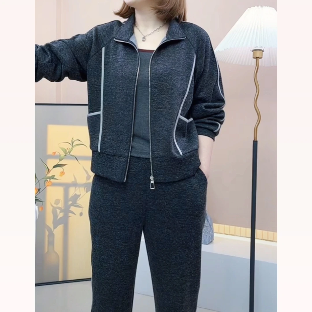 春秋款6009时尚休闲运动套装韩版宽松纯色洋气显瘦休闲长袖开衫