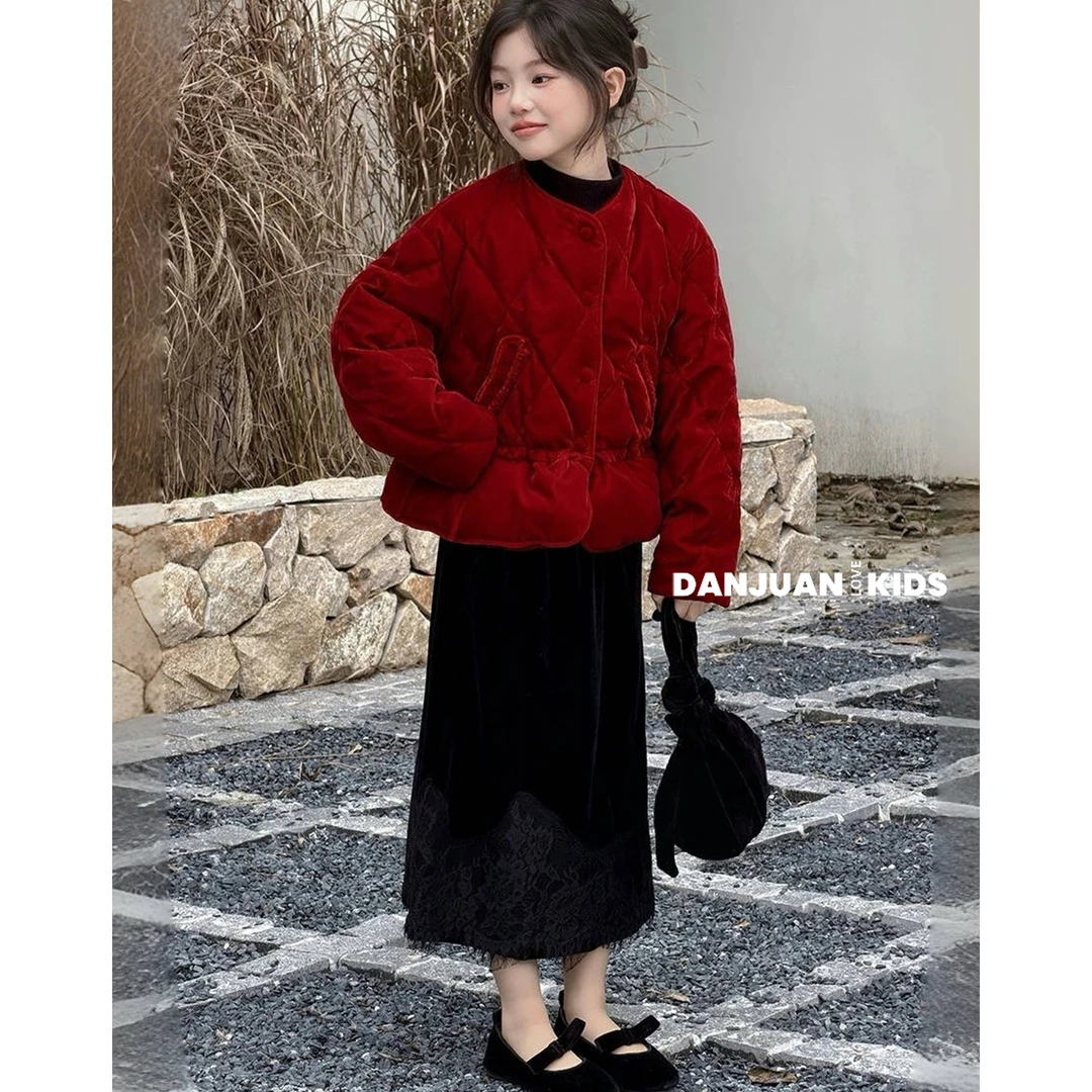 花田涧童装25冬季新款女童拜年棉服儿童新年加厚丝绒红色棉衣外套