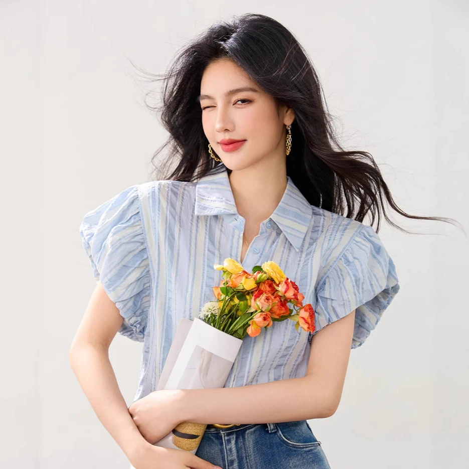G8960女装条纹短袖女2025夏设计感小众泡泡袖高级感衬衣上衣