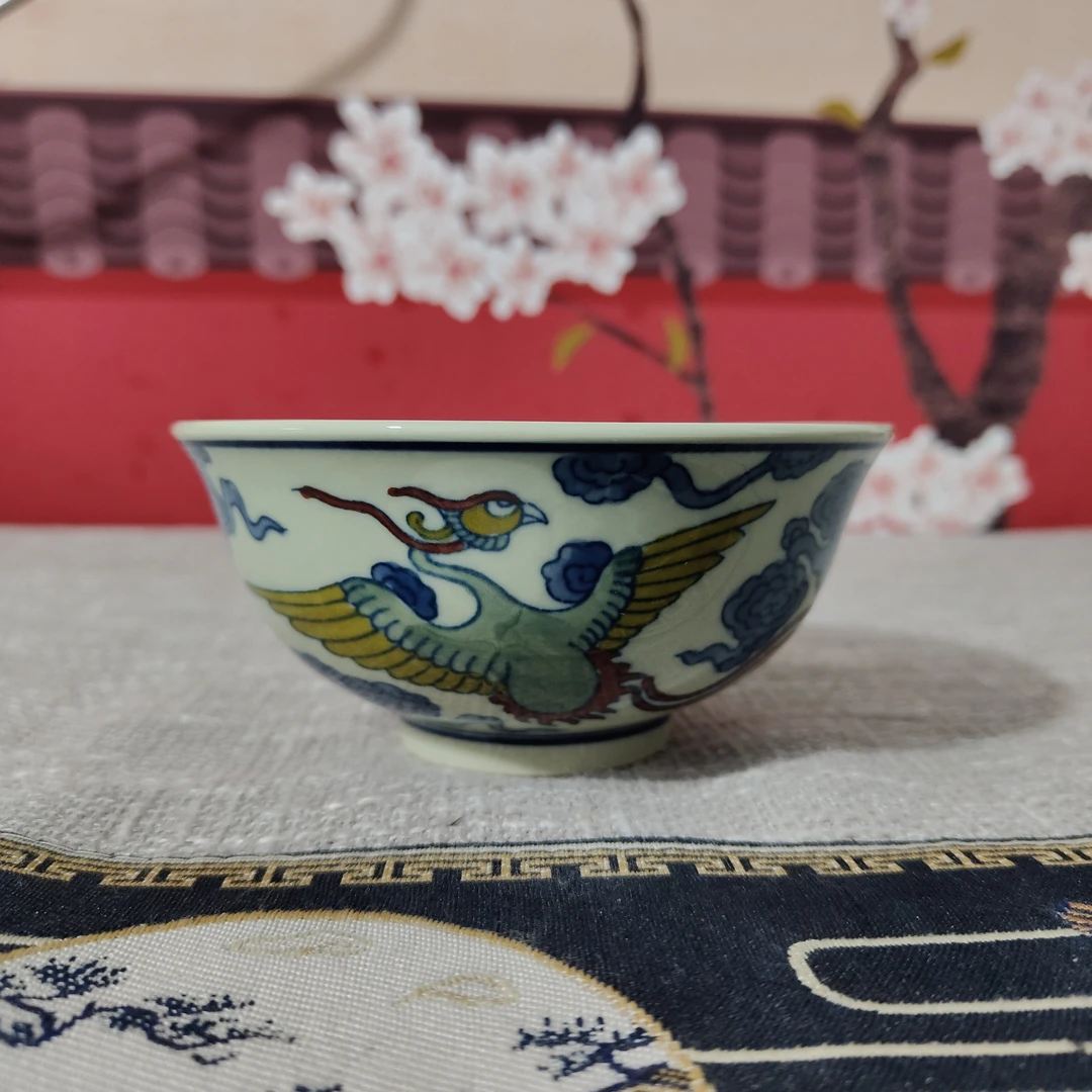景德镇黄稀土青花斗彩麒麟追凤赏碗柴窑手绘陶瓷赏碗陶瓷饭碗赏碗