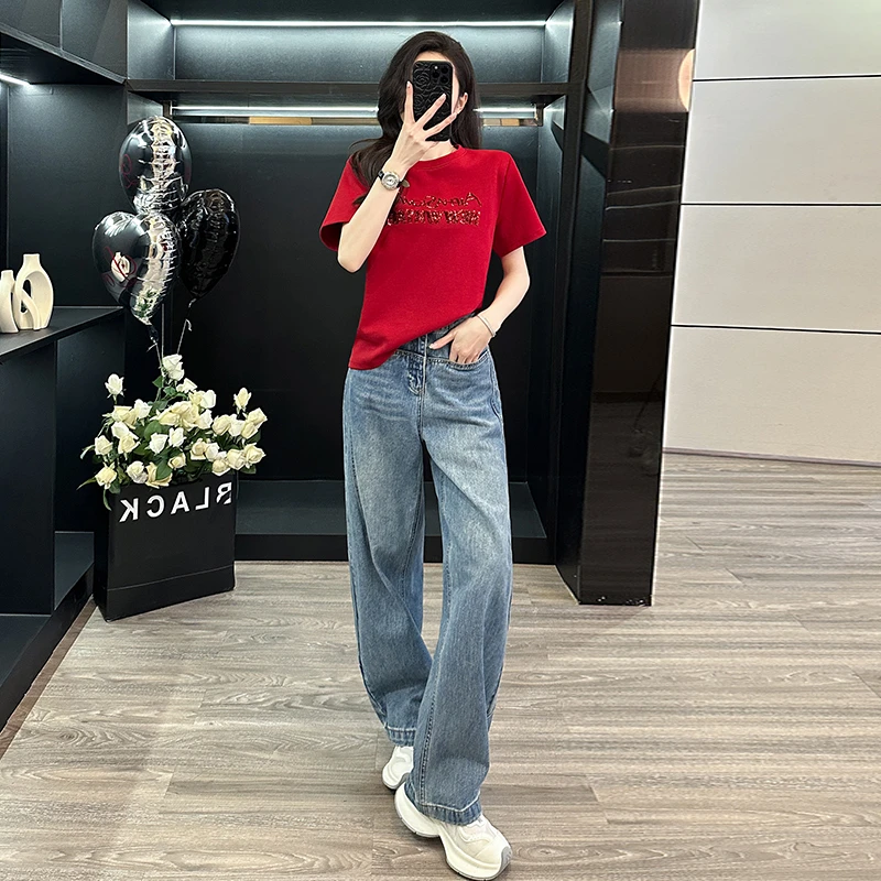 时尚休闲红色烫钻短袖T恤女夏新款上衣宽松百搭直筒阔腿牛仔长裤