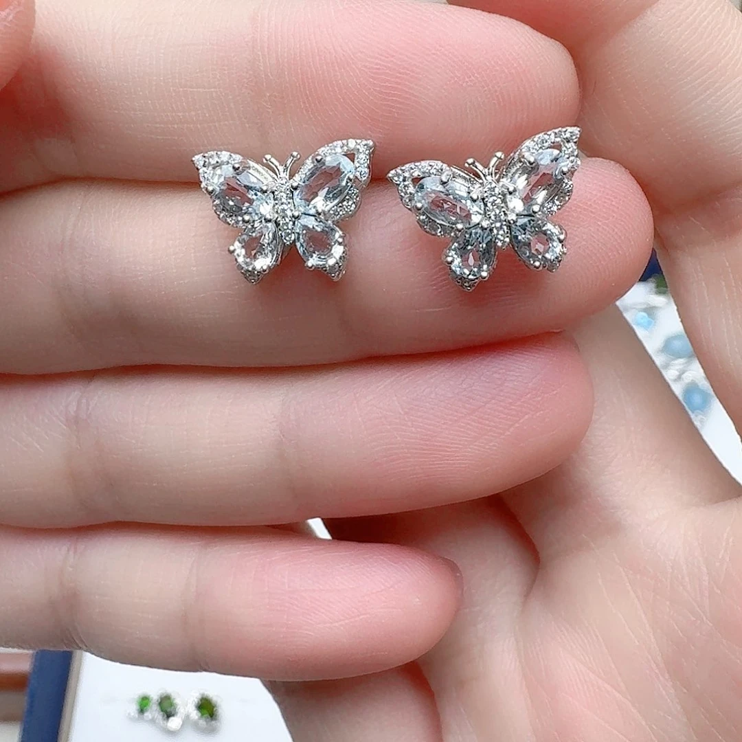 海蓝宝石耳坠银S925镶嵌耳钉