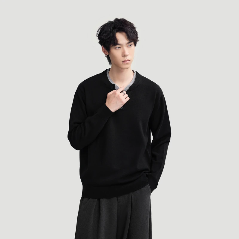 HERBEL/黑白 圆领毛衣男款2025冬季新款假两件百搭套头针织衫毛衣