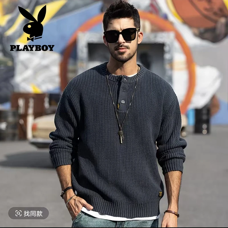 花花公子男士百搭休闲美式菠萝纹粗针毛衣重磅复古圆领针织衫上衣
