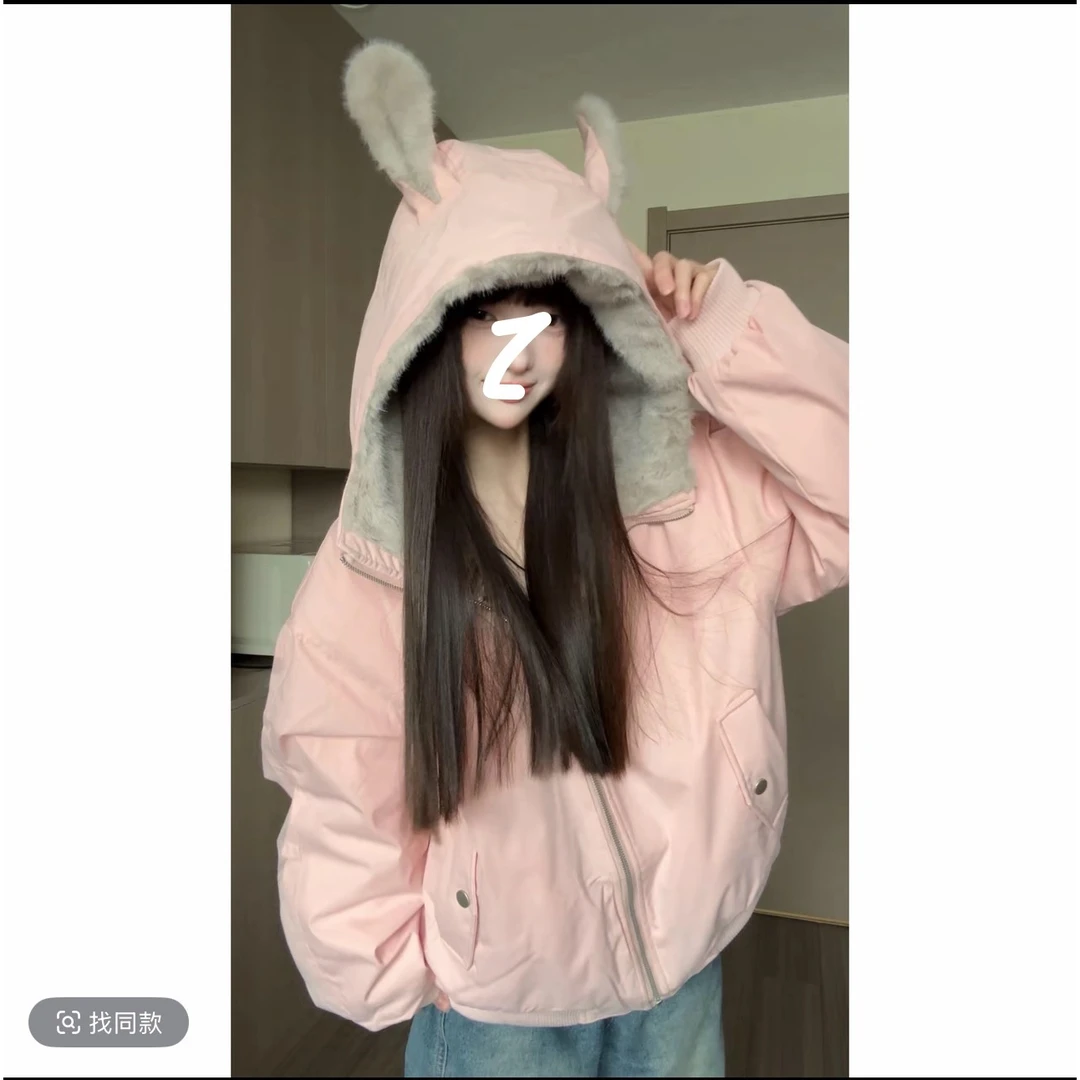 甜美可爱毛茸茸连帽外套女冬季新款双面穿设计感加绒加厚保暖棉服