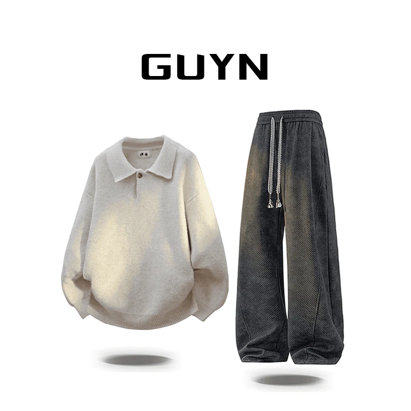 【品牌正品】GUYN秋冬季套头羊毛衣男士保暖polo衫休闲高级感打底衫