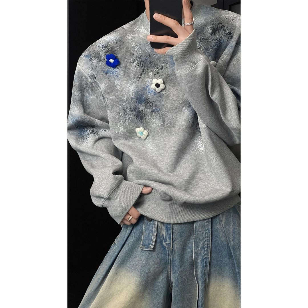 龙叨叨秋季新品美式潮牌小众设计款卫衣男oversize宽松花朵上衣