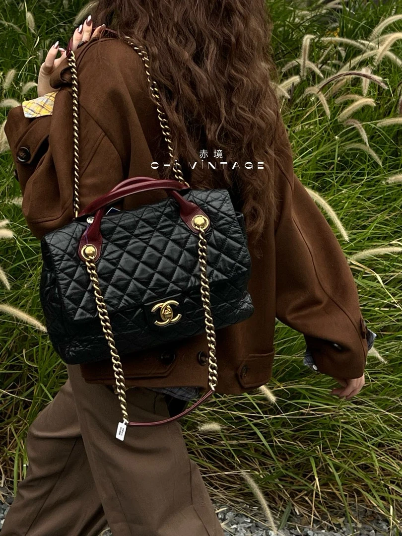 95新 Chanel/香奈儿 8938 黑金红手柄孟买单肩包中号18