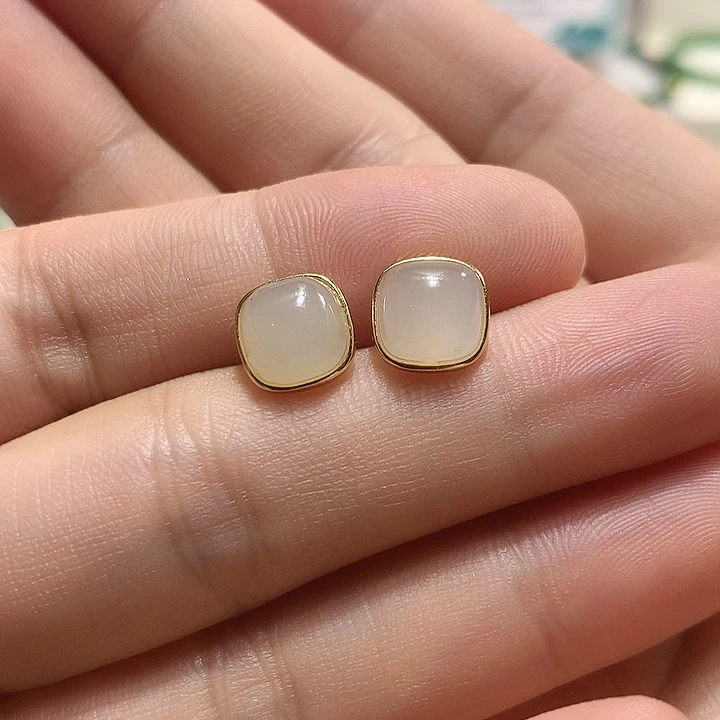 银S925镀金镶嵌和田玉（白玉）耳饰