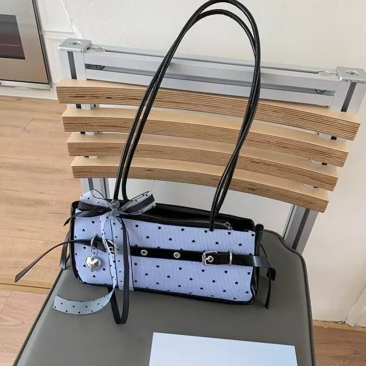 小众高级感蓝色波点腋下包2025夏季新款撞色百搭单肩包时尚法棍包