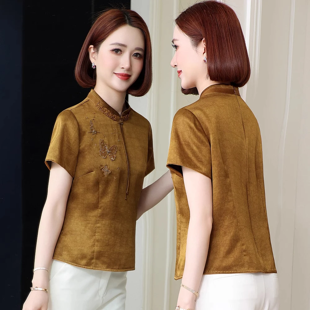 中老年妈妈香云纱上衣女短袖2025春夏新款气质立领新中式真丝小衫