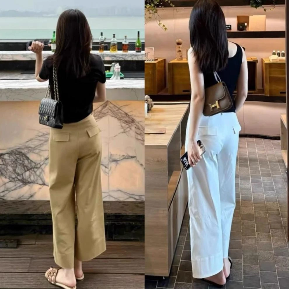 卡其色九分高腰直筒阔腿裤女2025夏季新款百搭宽松显瘦休闲裤