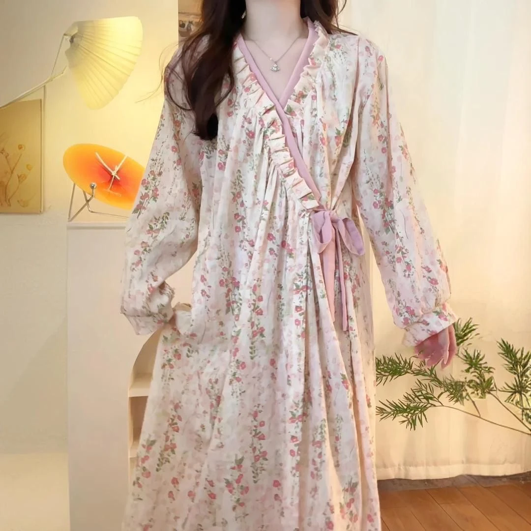 睡袍女春秋新款高级感睡衣女莫奈花园长款睡裙睡衣洗澡浴袍家居服