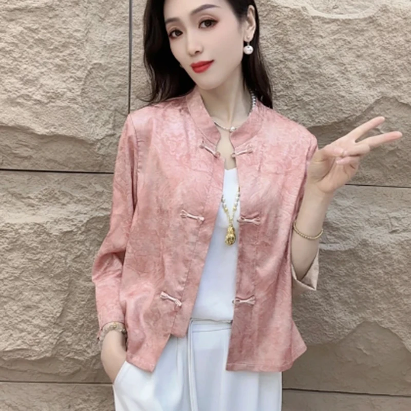 2025夏季新款时尚潮流新中式立领上衣百搭国风盘扣提花九分袖外套