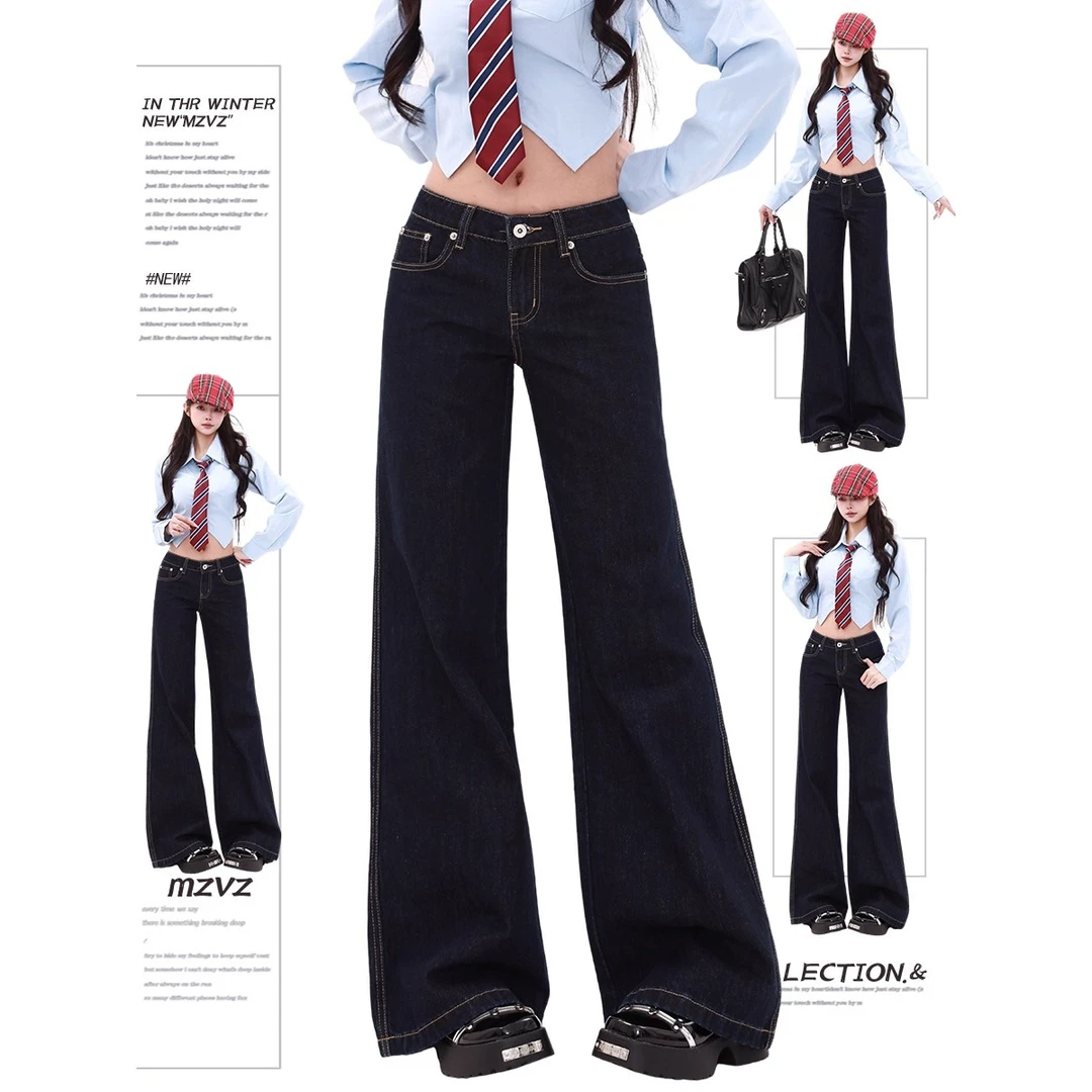 胖mm美式复古深蓝色微喇牛仔裤女春秋显瘦马蹄喇叭裤低腰阔腿裤