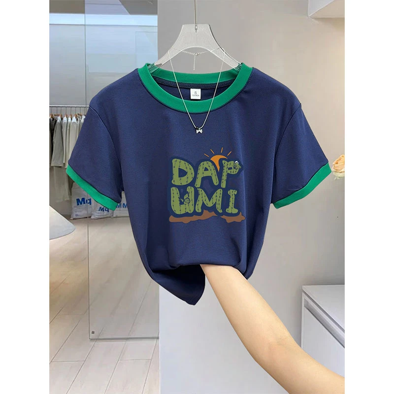 彩色圆领拼接撞色t恤短袖女2025夏季新款设计感时尚百搭减龄上衣