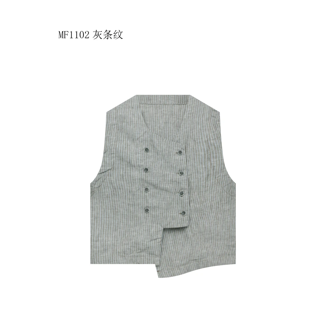 【麻訪家】MF1102灰条纹文艺简约休闲坎肩开衫马甲上衣