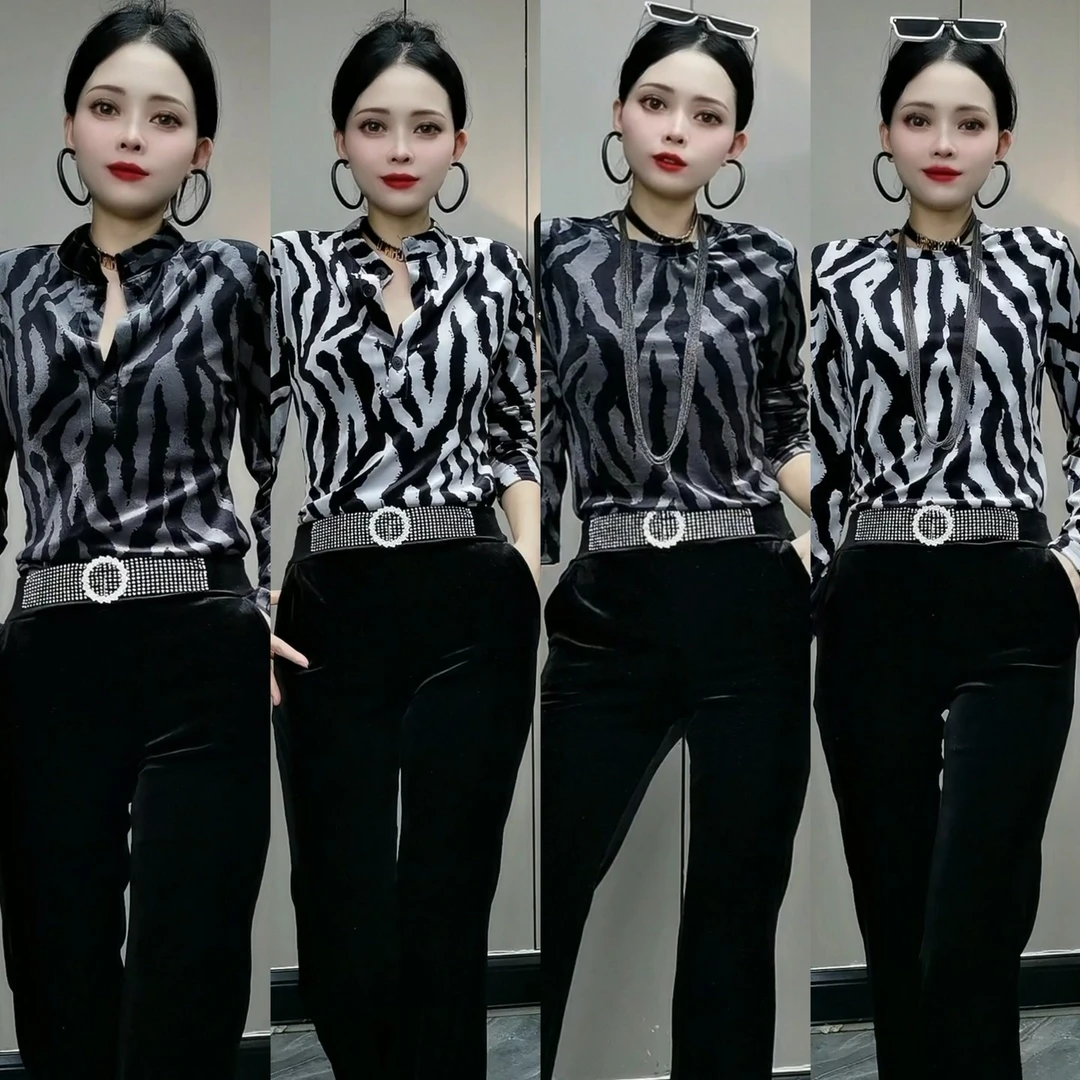 25199#zH欧货高级感竖条纹拼接丝绒打底衫女修身显瘦圆领系扣衫