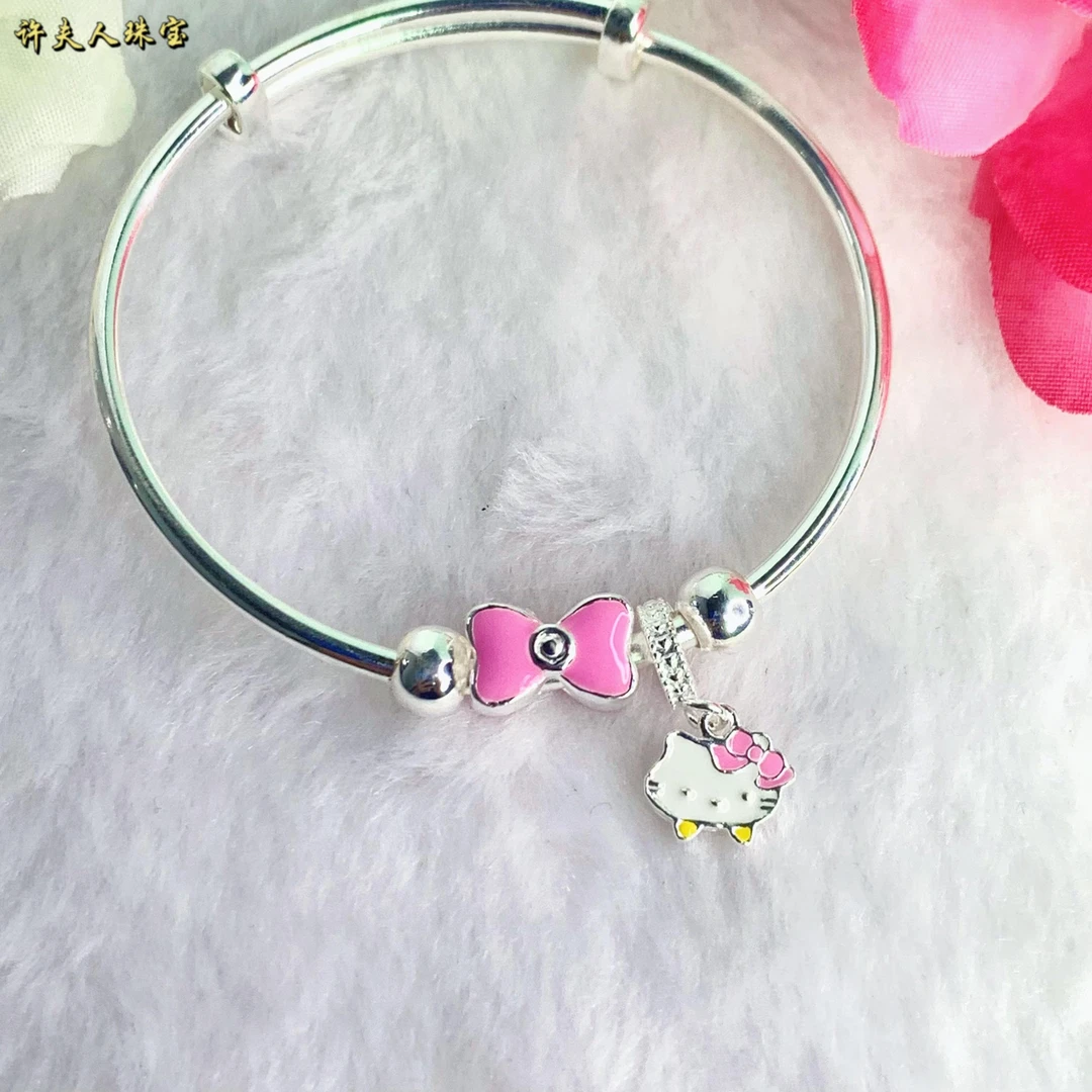足银手镯 足银999可爱蝴蝶凯特猫中童《5-16岁》推拉手镯
