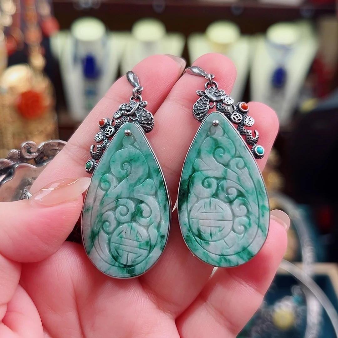 银S925镶嵌翡翠挂件耳环