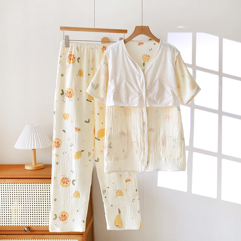 带胸垫可外穿~短袖长裤睡衣女纯棉双层纱布夏季薄款V领宽松家居服