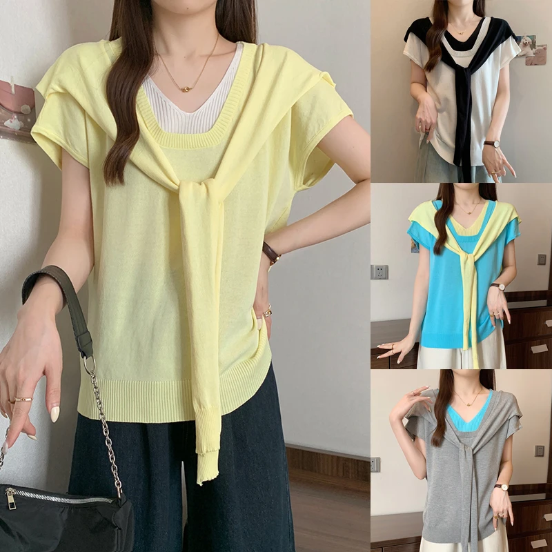 大码女装2025夏装新款假两件显瘦针织上衣披肩冰丝短袖T恤50066