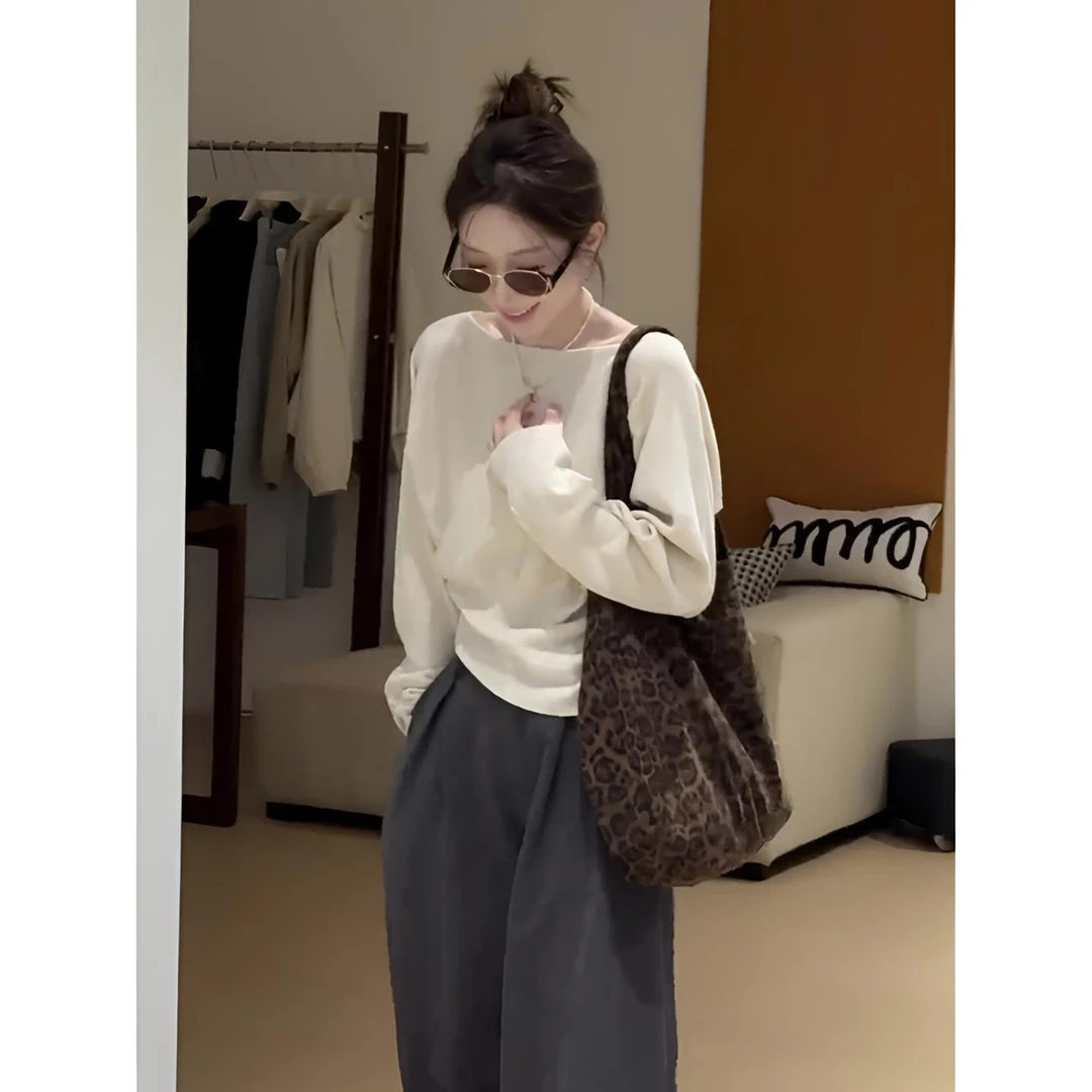 2025秋季新款露肩收腰内搭打底针织衫女慵懒风高级感显瘦长袖上衣