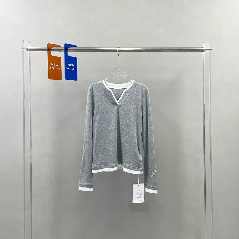 RAIN MALKA春新款时尚V领撞色假两件长袖T恤女修身百搭上衣82108