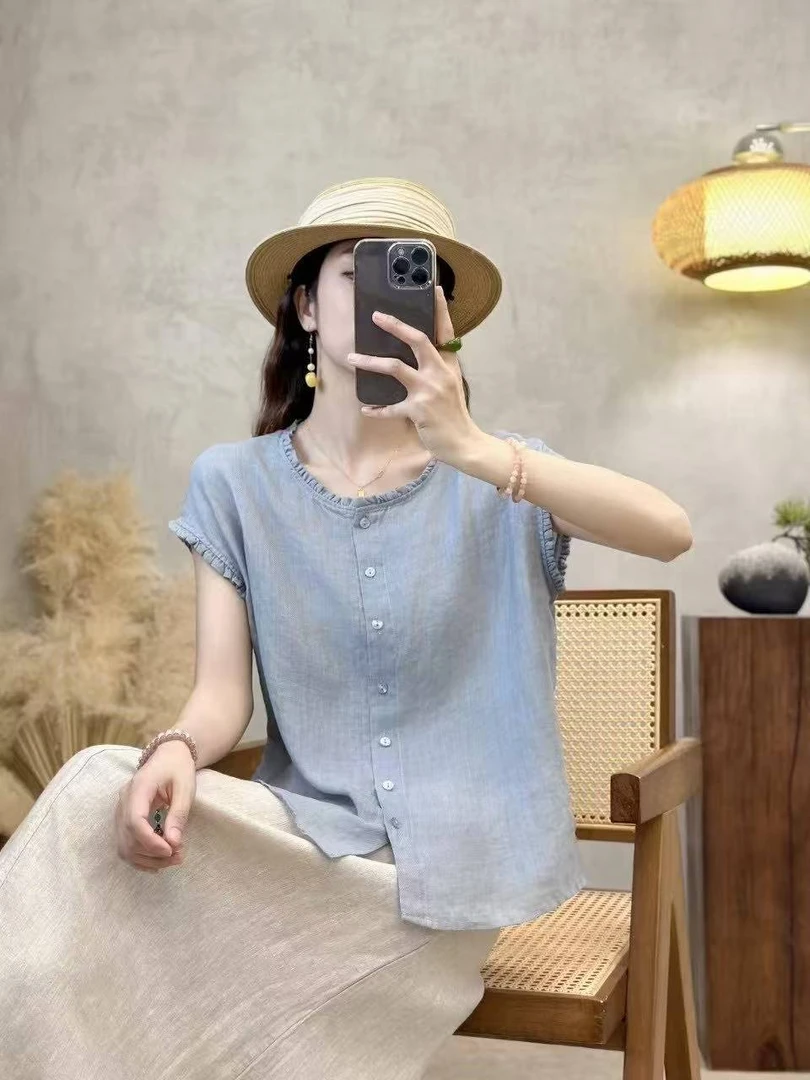 【100%苎麻衬衫】法式气质纯色斜纹苎麻花边领女单排扣衬衫