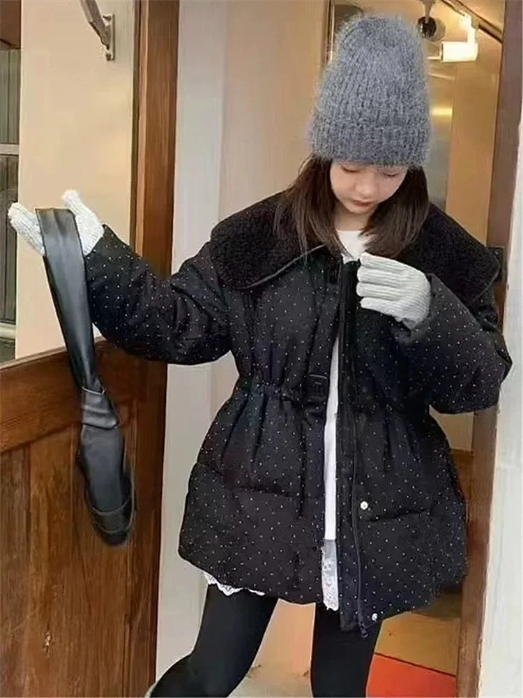 中长款娃娃领重工镶女2025冬季新款韩系收腰保暖棉衣外套潮外套