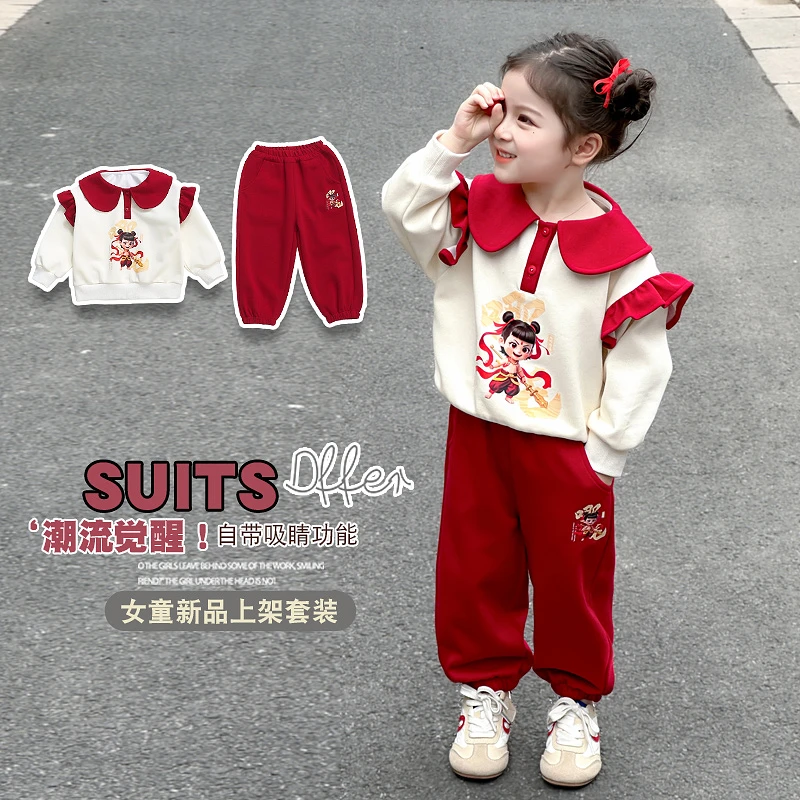 女童中国风套头拜年服春秋潮流套装男卡通风常规唐装春季女洋气