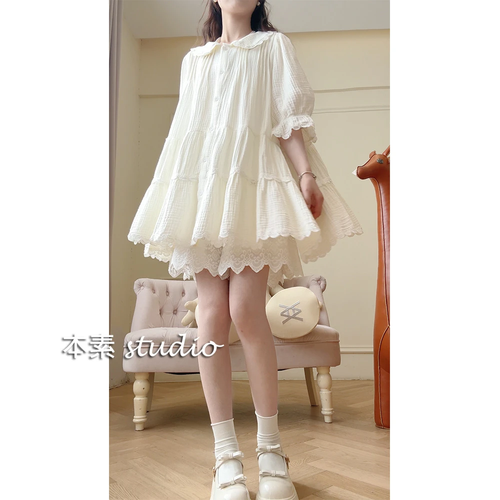 奶fufu MNY2434-1蕾丝边全开扣娃娃领短袖连衣裙