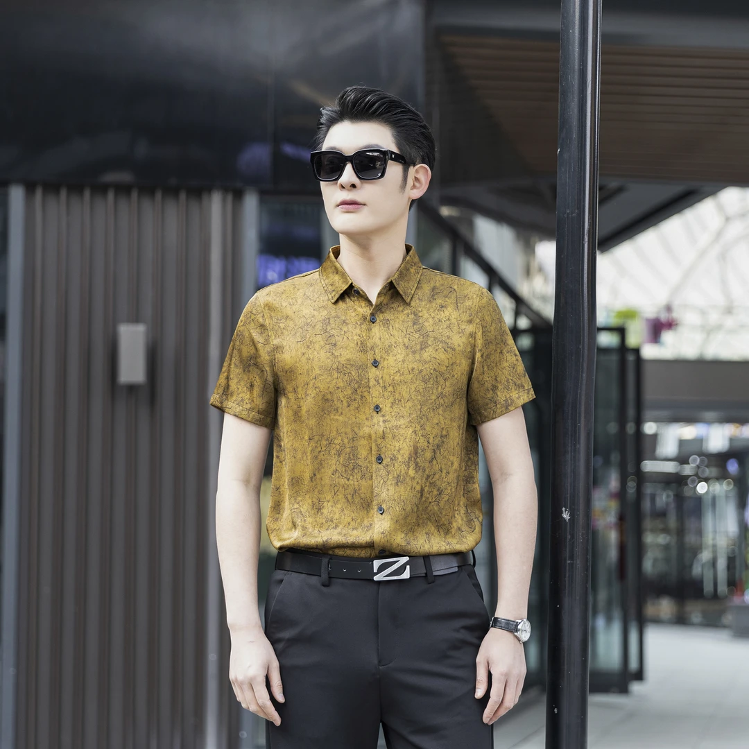 【正品香云纱】男士夏季薄款天然调温桑蚕丝休闲短袖衬衫8810/03