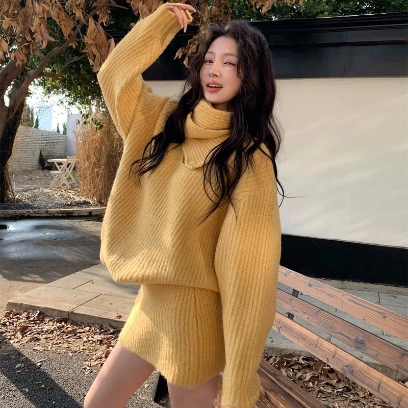 FRVXO秋冬宽松慵懒风长袖套装围脖v领针织衫上衣百搭短款新年战袍