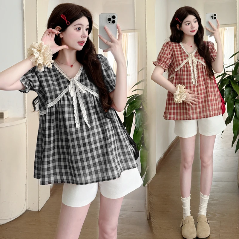 【晴晴】孕妇装夏季娃娃衫衣2025新款时尚蕾丝花边宽松显瘦孕妇上衣