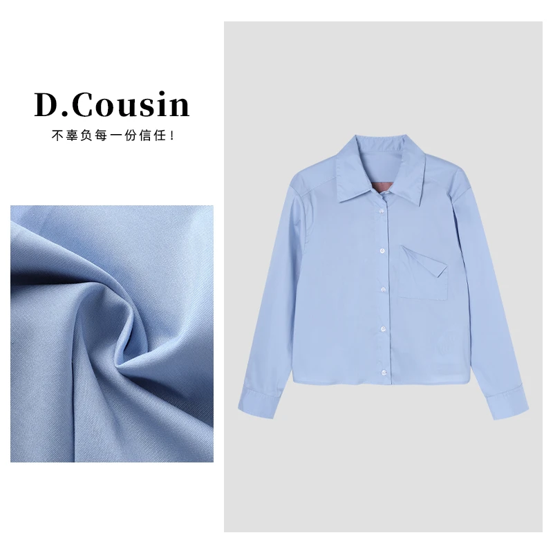 D.cousin 法式蓝色polo领翻领减龄韩系小众长袖衬衫女 2456