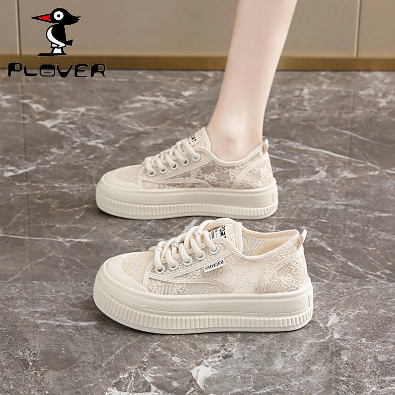 PLOVER镂空透气女子板鞋小白鞋网面帆布鞋运动小香风夏季穿搭首选