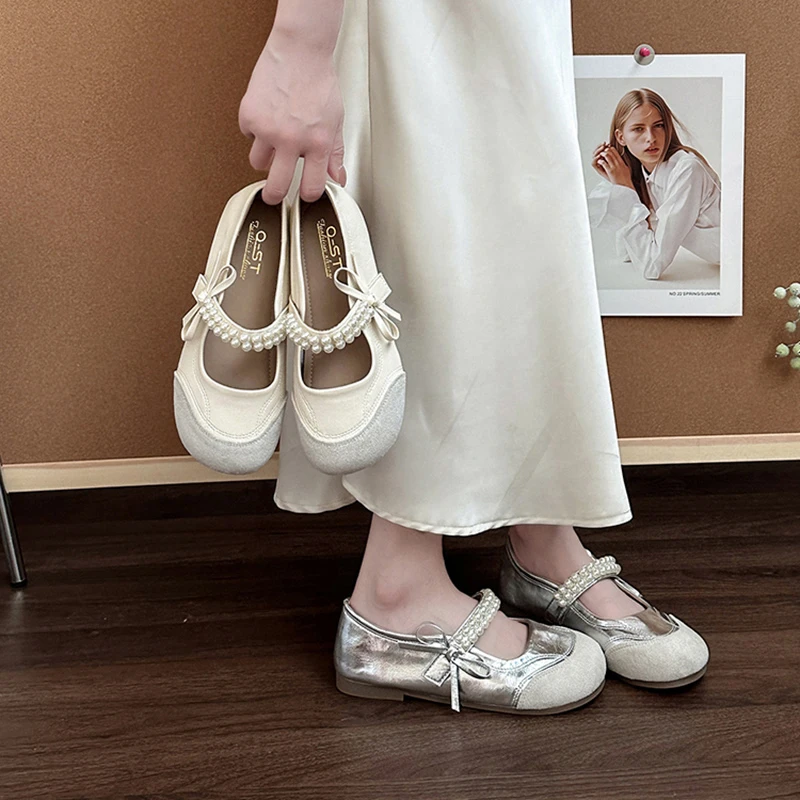 OJRZ法式气质珍珠一字带单鞋女2025春夏新款芭蕾舞鞋平底玛丽珍鞋