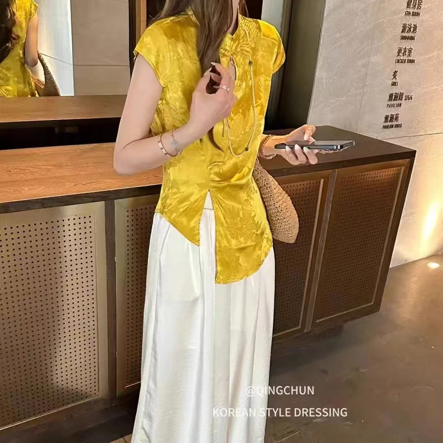 6899少女短袖提花重工新中式夏季设计师立领T恤修身型