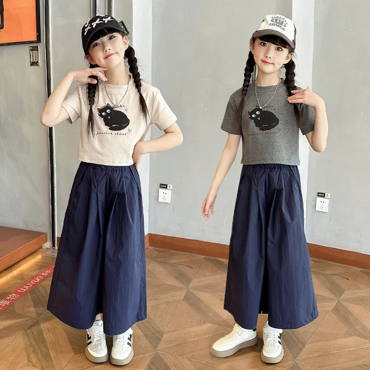 女童夏季阔腿裤套装新款时尚2025年中小学生夏天休闲裤裙两件衣服