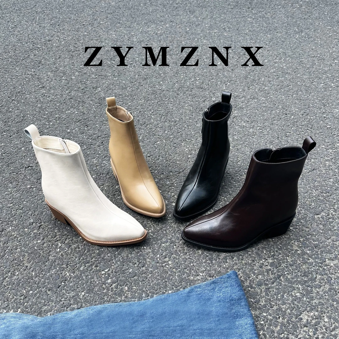 【平增高8cm】真皮靴子女短靴尖头皮面拉链粗跟复古直筒时尚靴P075