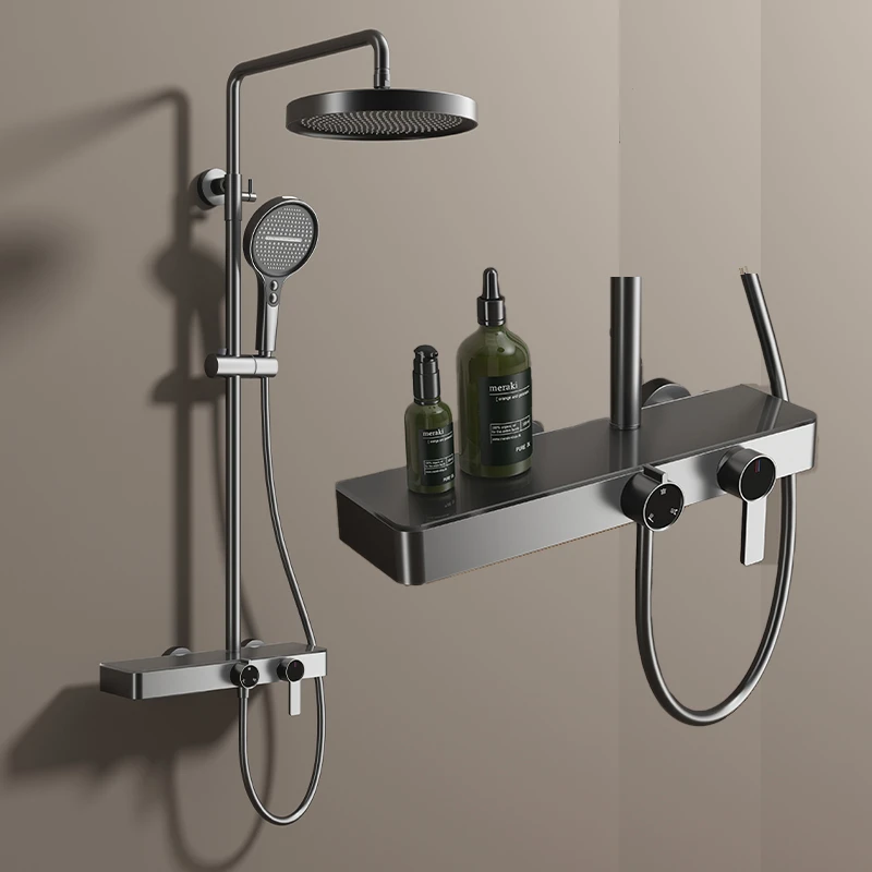 【酒店同款】枪灰全铜增压家用浴室淋浴花洒套装大置物冷热淋浴喷头