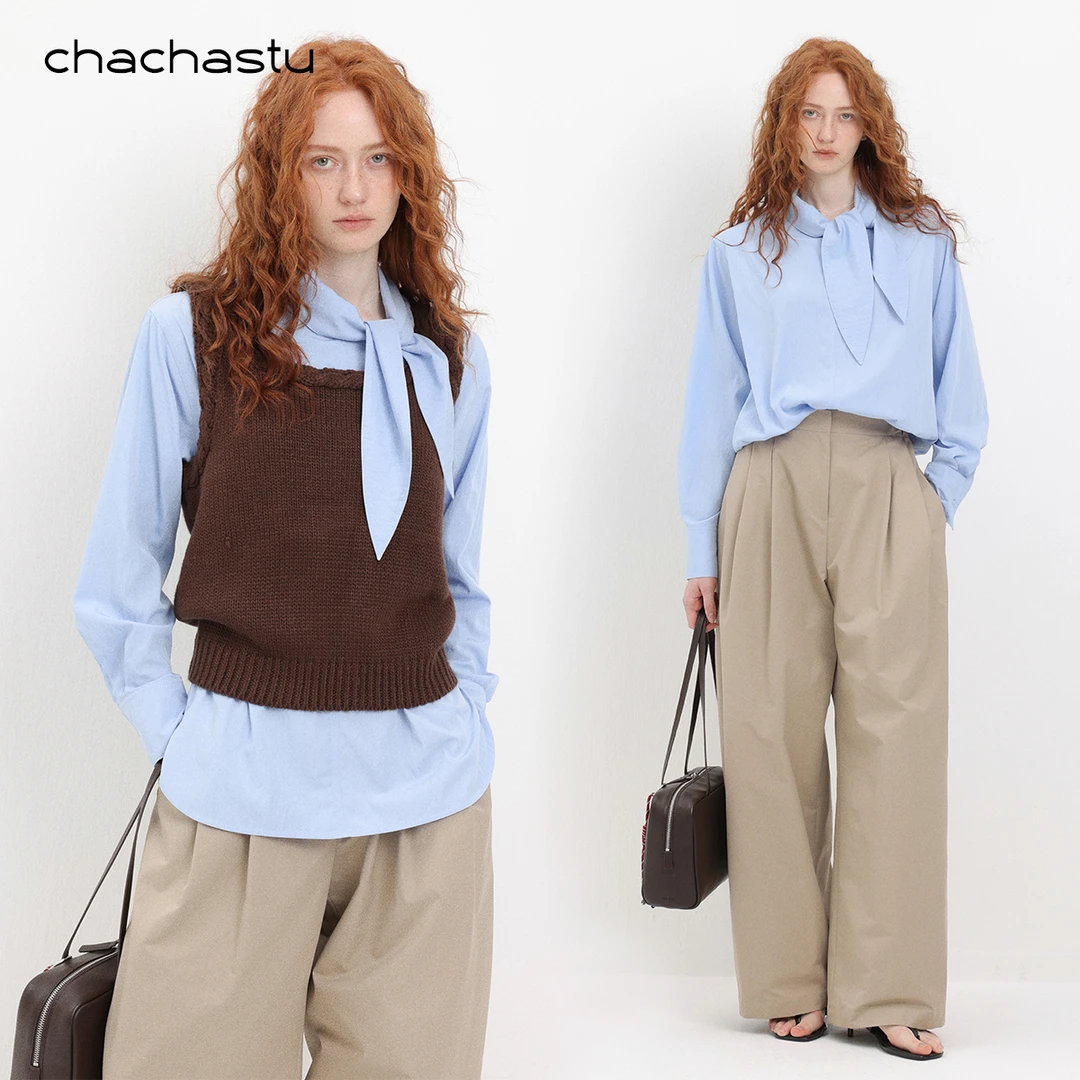CHACHASTU【衣橱】立体兔子领造型 复古时髦叠穿宽松蓝衬衫ZRS1901