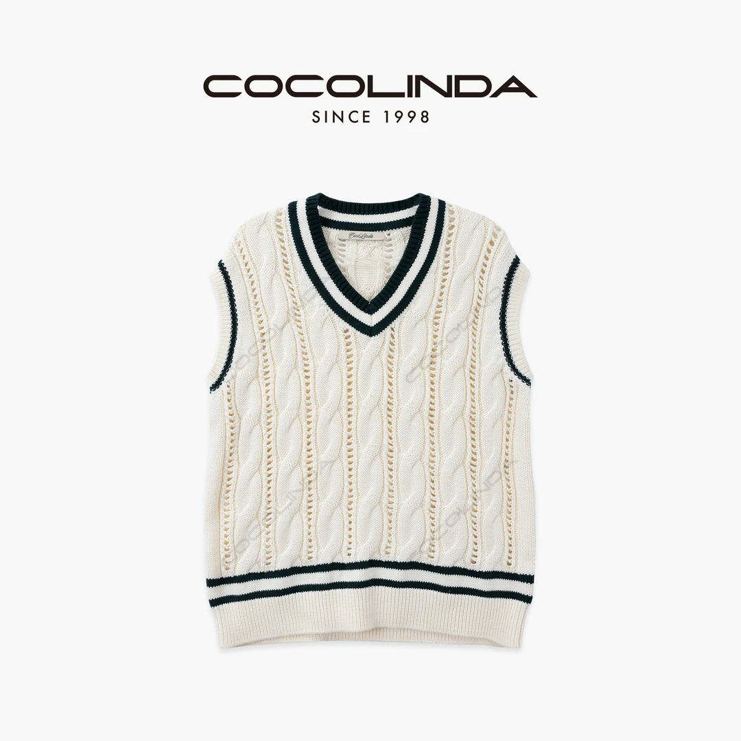 COCOLINDA | 100%棉双面打花5针V领镂空撞色男女CP坎袖上衣S5170